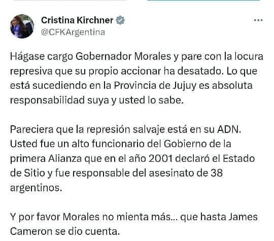 FUERTE MENSAJE DE CRISTINA SOBRE JUJUY: 